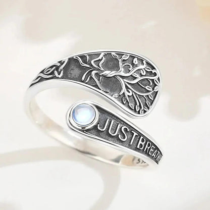 925 Sterling Silver Pagan Tree of Life Adjustable Ring Moonstone Just Breathe Ring Spiritual Jewelry-MoonChildWorld