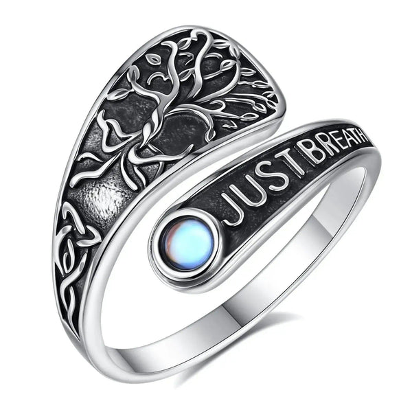 925 Sterling Silver Pagan Tree of Life Adjustable Ring Moonstone Just Breathe Ring Spiritual Jewelry-MoonChildWorld