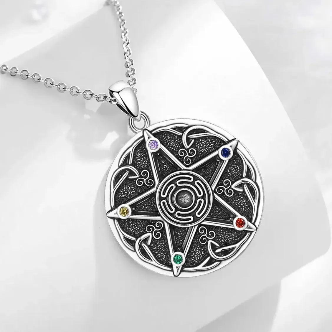 925 Sterling Silver Pentagram 7 Chakra Necklace Wicca Hecate Wheel Necklace Spiritual Pagan Jewelry-MoonChildWorld