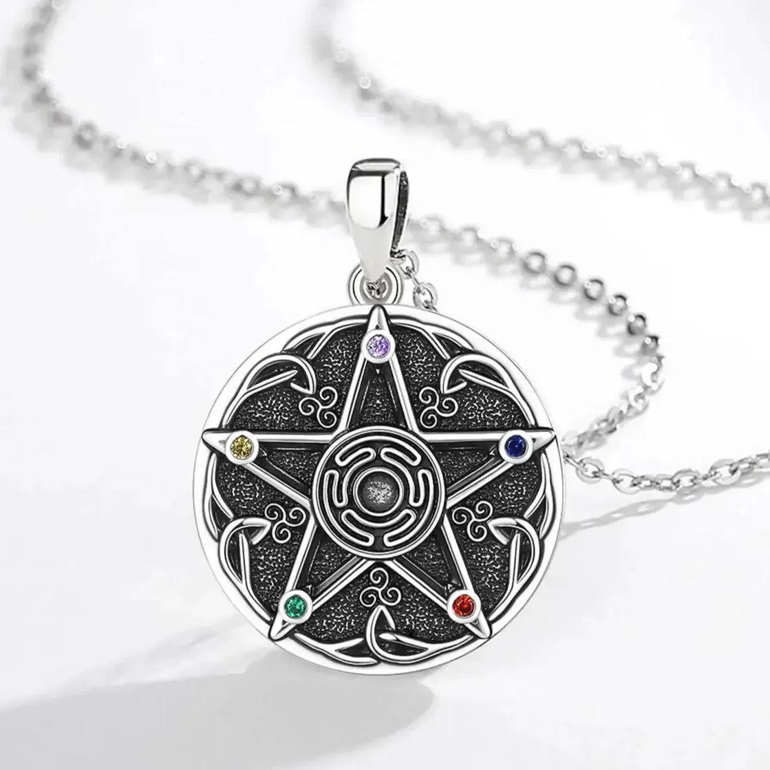 925 Sterling Silver Pentagram 7 Chakra Necklace Wicca Hecate Wheel Necklace Spiritual Pagan Jewelry-MoonChildWorld
