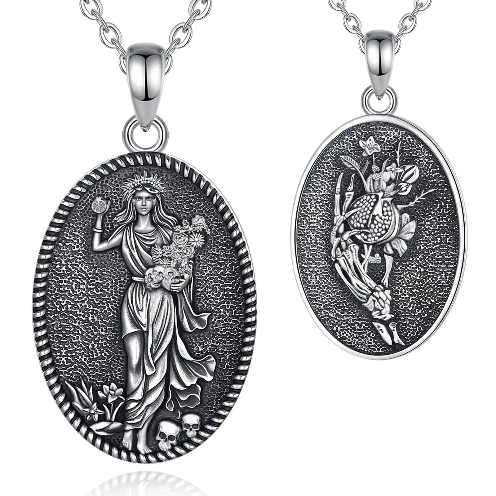 925 sterling silver oval Persephone necklace with goddess holding skulls and flowers, and a pomegranate skull design.