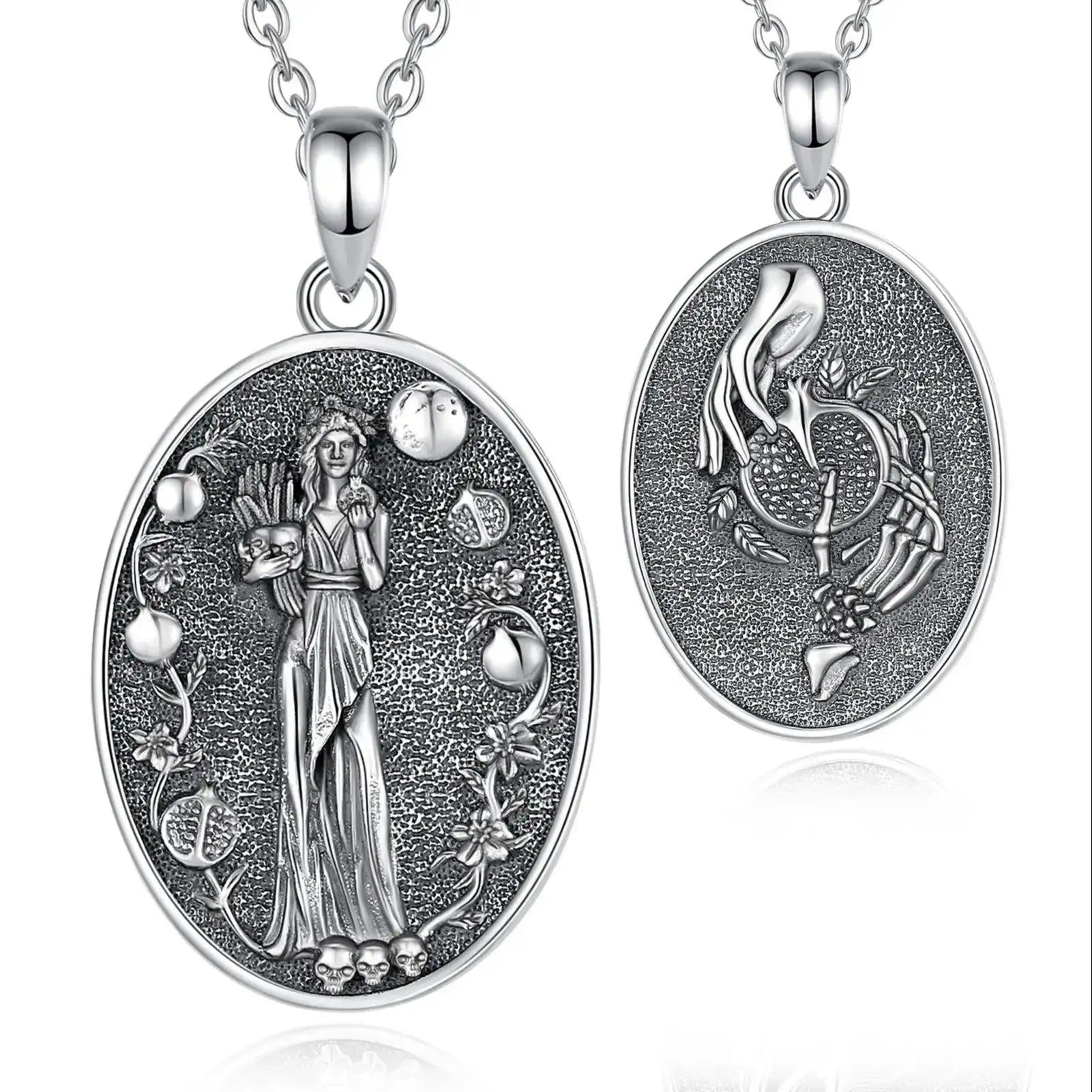 925 sterling silver oval Persephone necklace with goddess, pomegranates, and skull details.