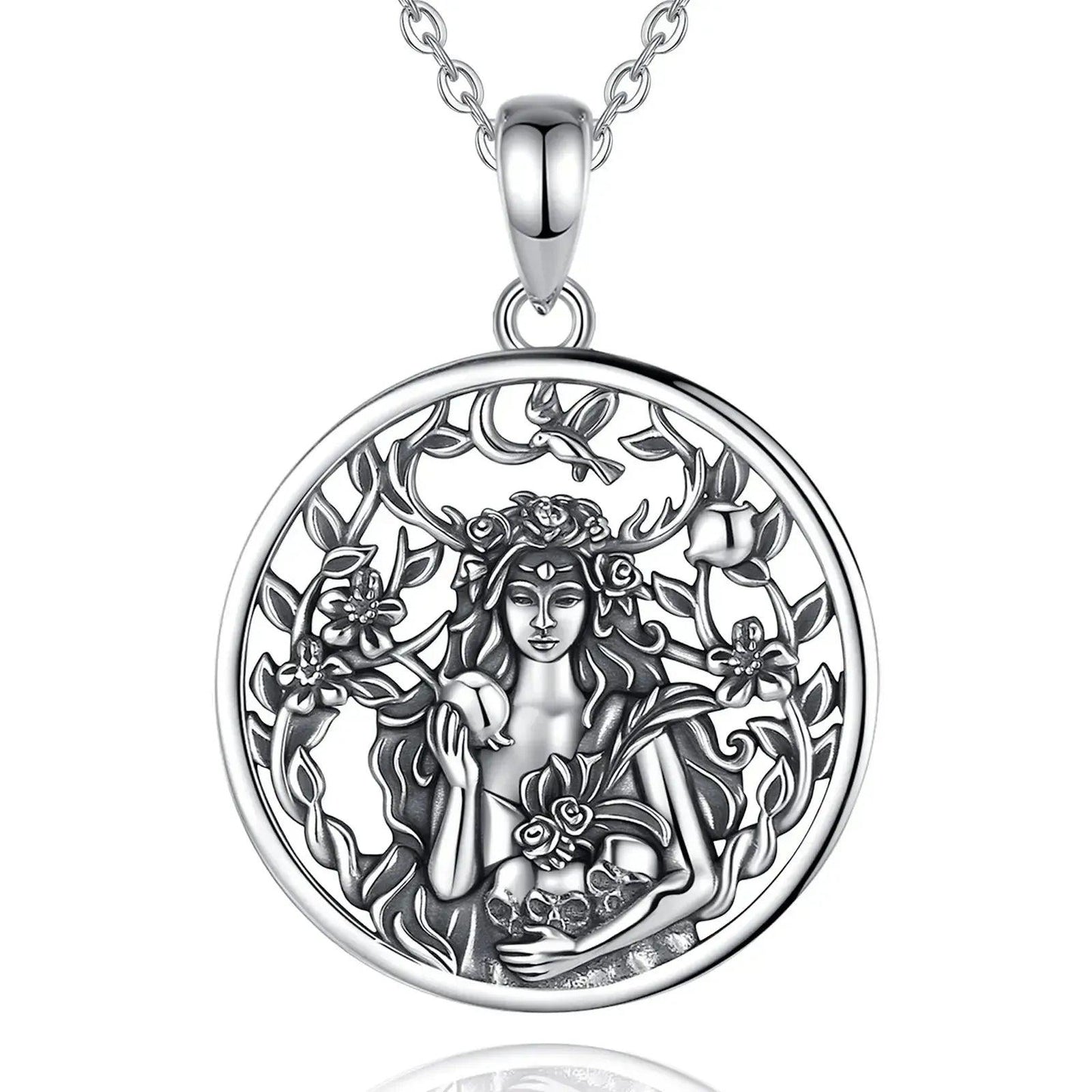 Sterling silver Dark Goddess Persephone necklace with pomegranate, skull, and floral details.