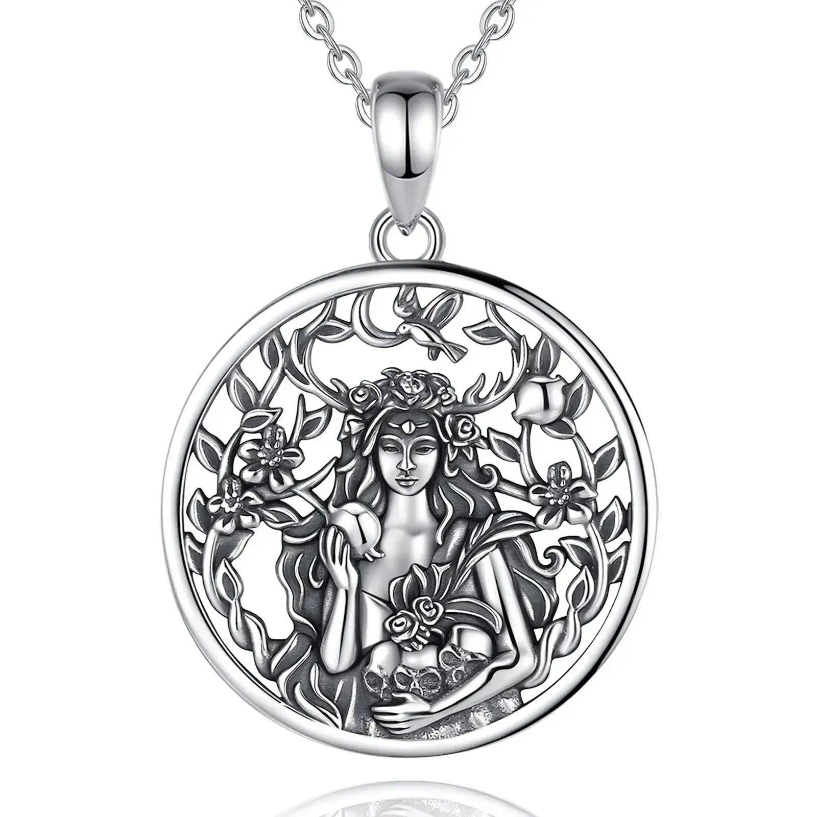 Sterling silver Dark Goddess Persephone necklace with pomegranate, skull, and floral details.