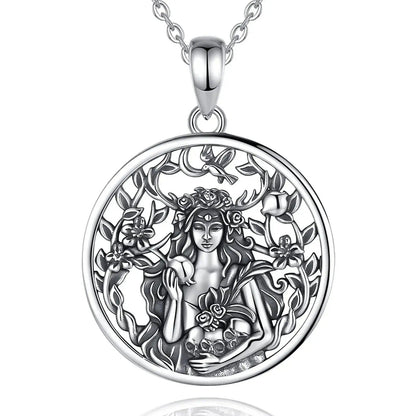 Sterling silver Dark Goddess Persephone necklace with pomegranate, skull, and floral details.
