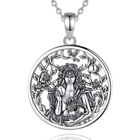 Sterling silver Dark Goddess Persephone necklace with pomegranate, skull, and floral details.