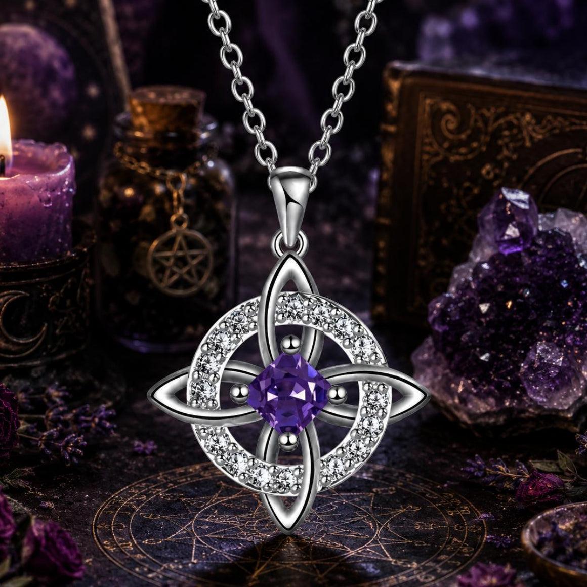 Purple amethyst Celtic Witch Knot pendant necklace with crystal accents, witchcraft altar decor, Wiccan jewelry