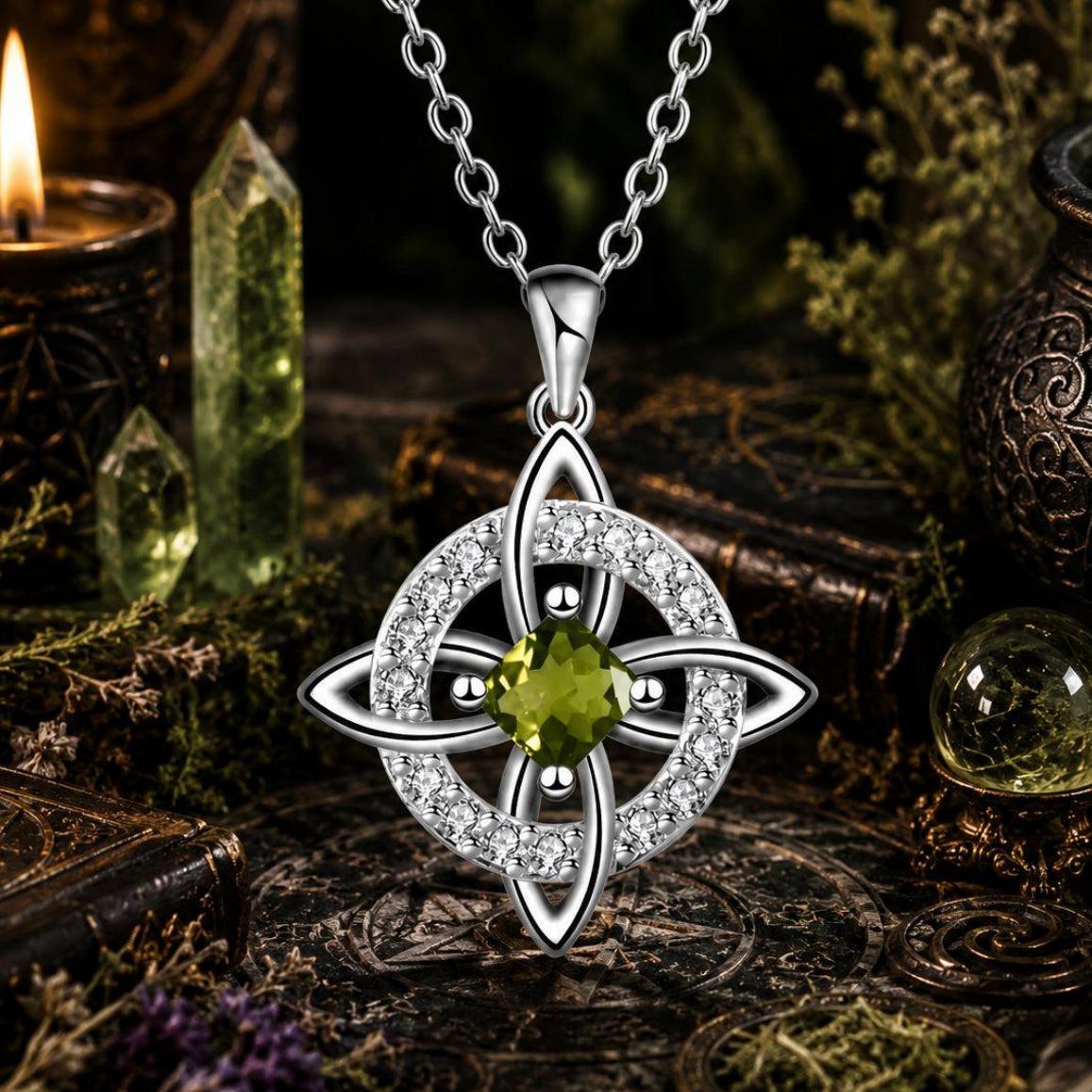 Celtic Witch Knot pendant necklace with green gemstone, witchcraft jewelry for Wiccan altar or magical practice
