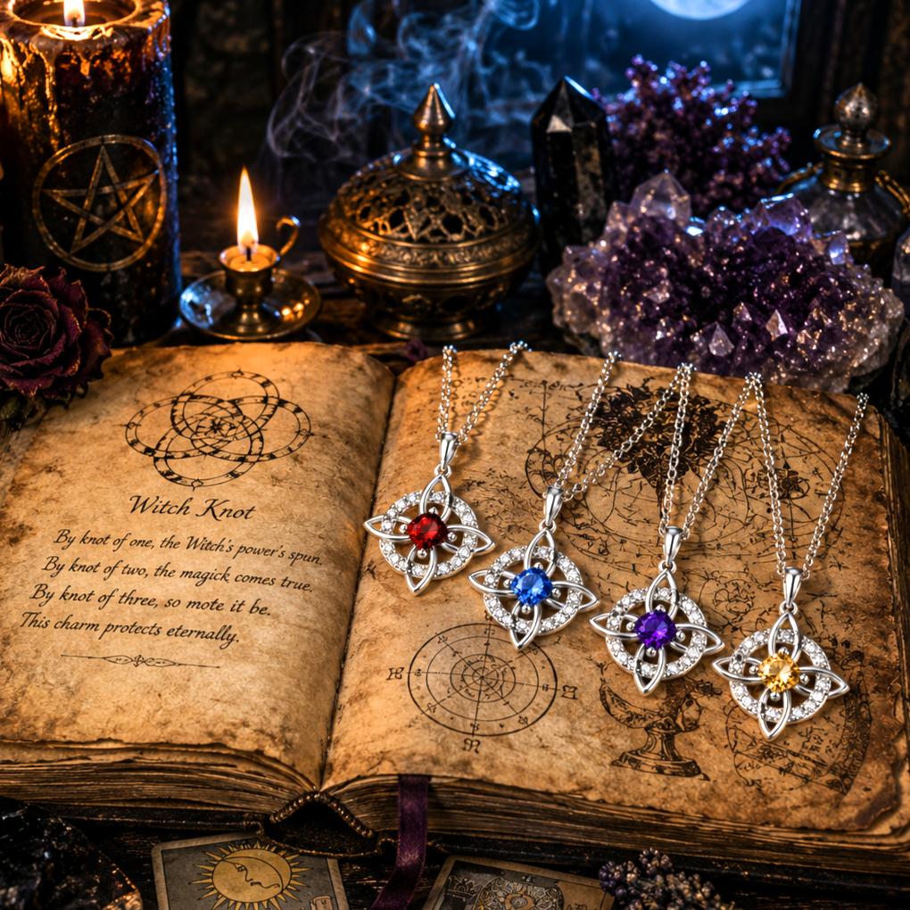 Four sterling silver Witch Knot necklaces with red, blue, purple, and yellow birthstones on an open spellbook.