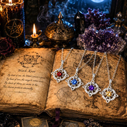 Four sterling silver Witch Knot necklaces with red, blue, purple, and yellow birthstones on an open spellbook.
