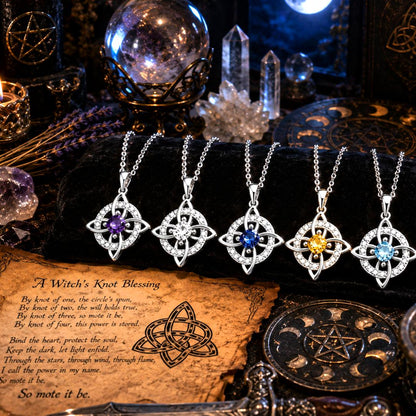 Sterling silver Witch Knot necklaces with various colored birthstones, displayed on a mystical background.