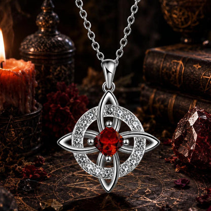 Celtic Witch Knot pendant necklace with red gemstone, witchcraft jewelry for Wiccan altar or magical practice