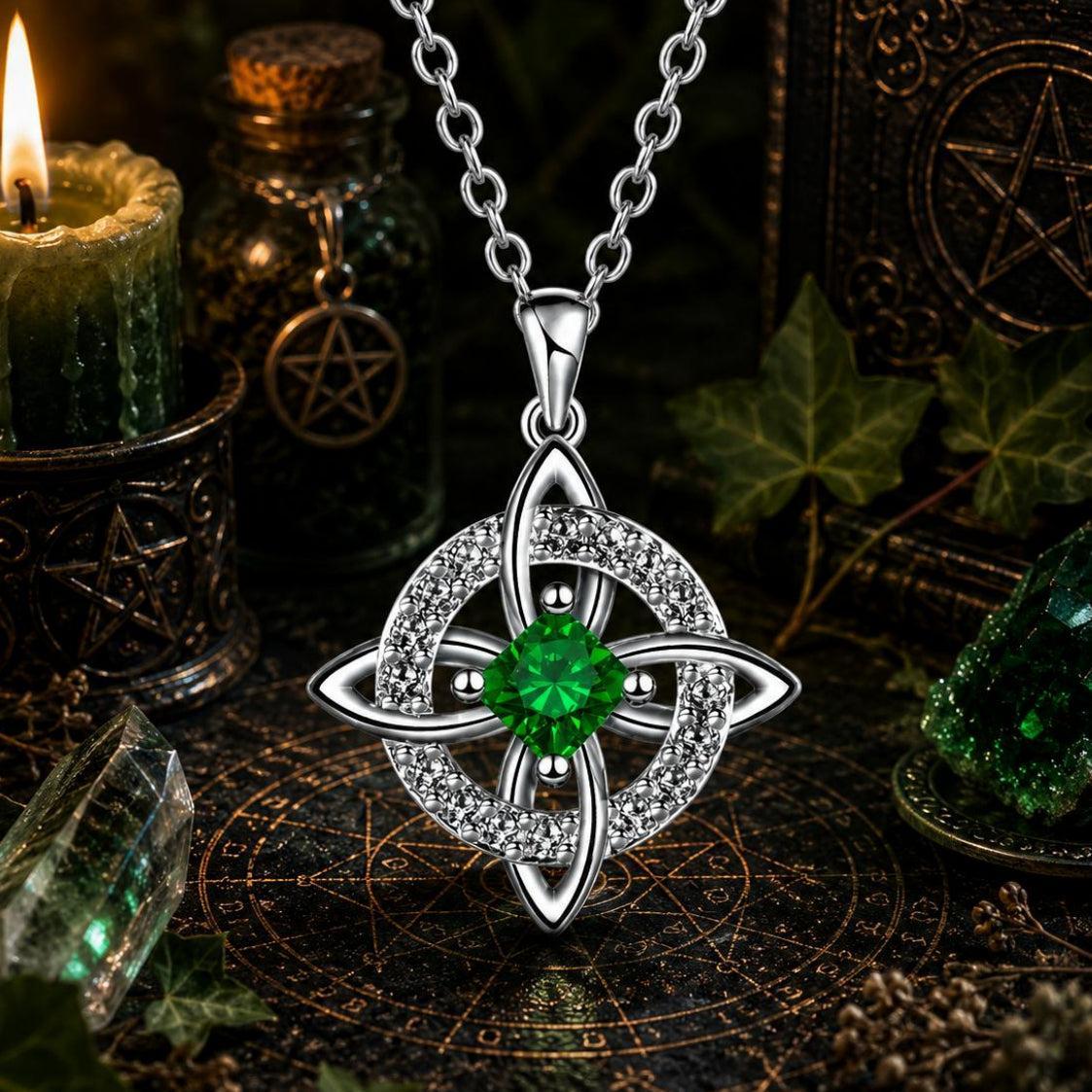 Emerald green Celtic Witch Knot pendant necklace with crystal accents, witchcraft altar decor, Wiccan jewelry