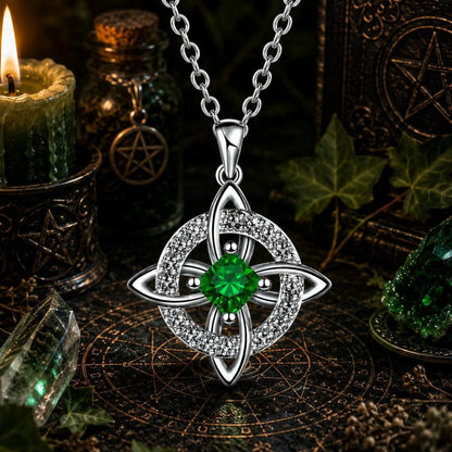 Emerald green Celtic Witch Knot pendant necklace with crystal accents, witchcraft altar decor, Wiccan jewelry