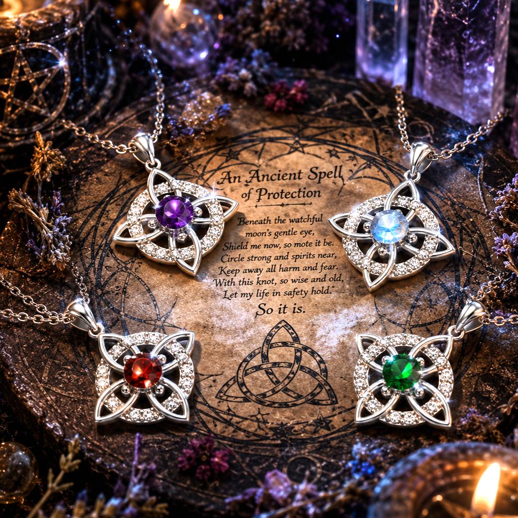 Sterling silver Witch Knot necklaces with purple, blue, red, and green birthstones on an ancient spell parchment.