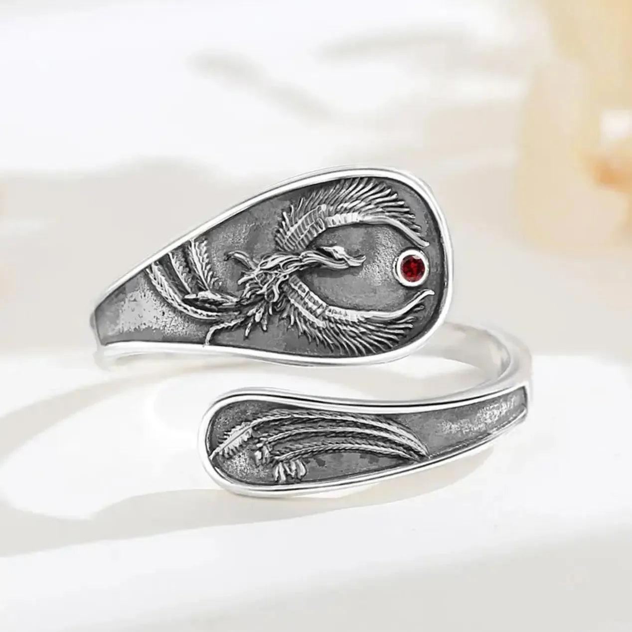 925 Sterling Silver Phoenix Adjustable Ring - Sun Phoenix Ring Pagan Jewelry-MoonChildWorld