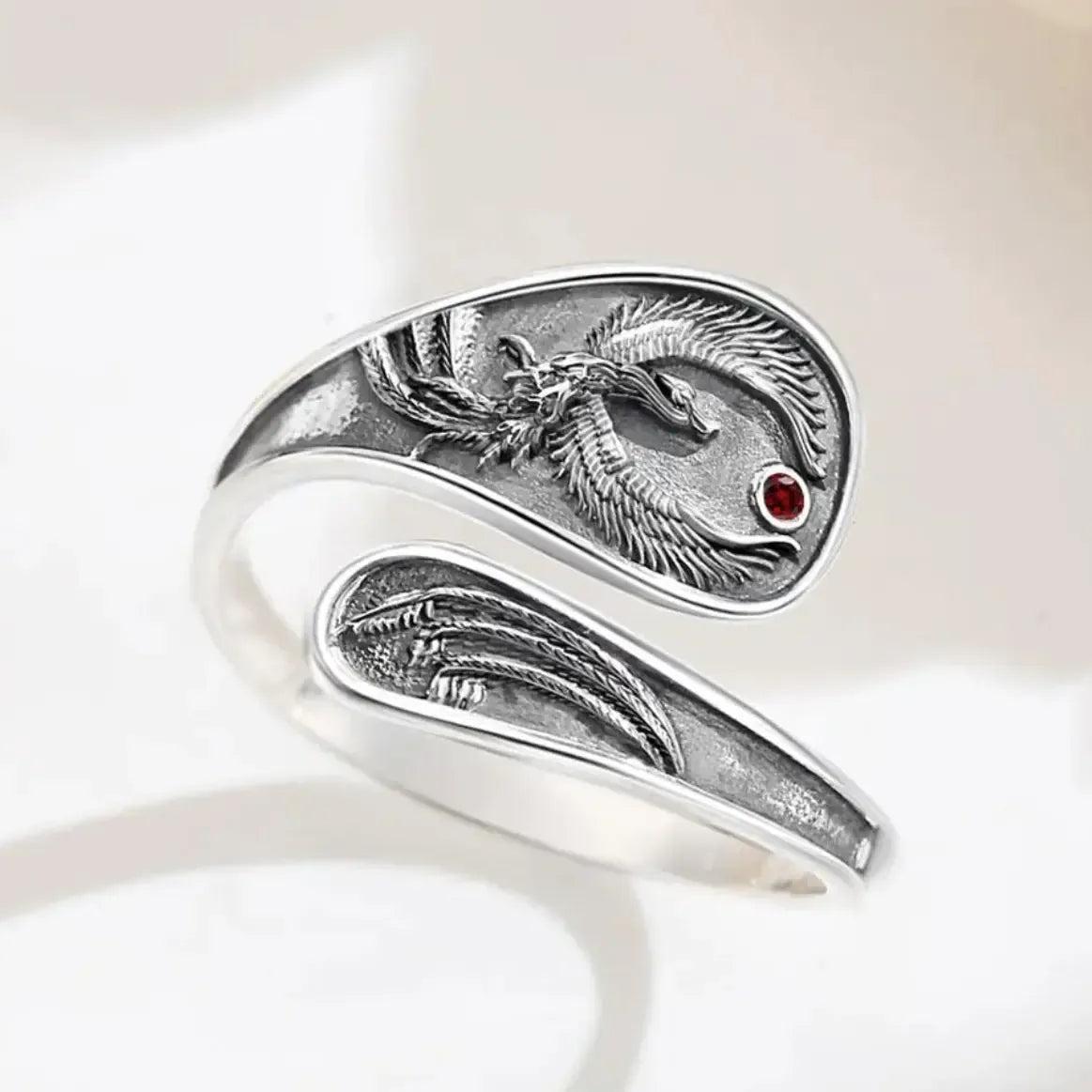 925 Sterling Silver Phoenix Adjustable Ring - Sun Phoenix Ring Pagan Jewelry-MoonChildWorld