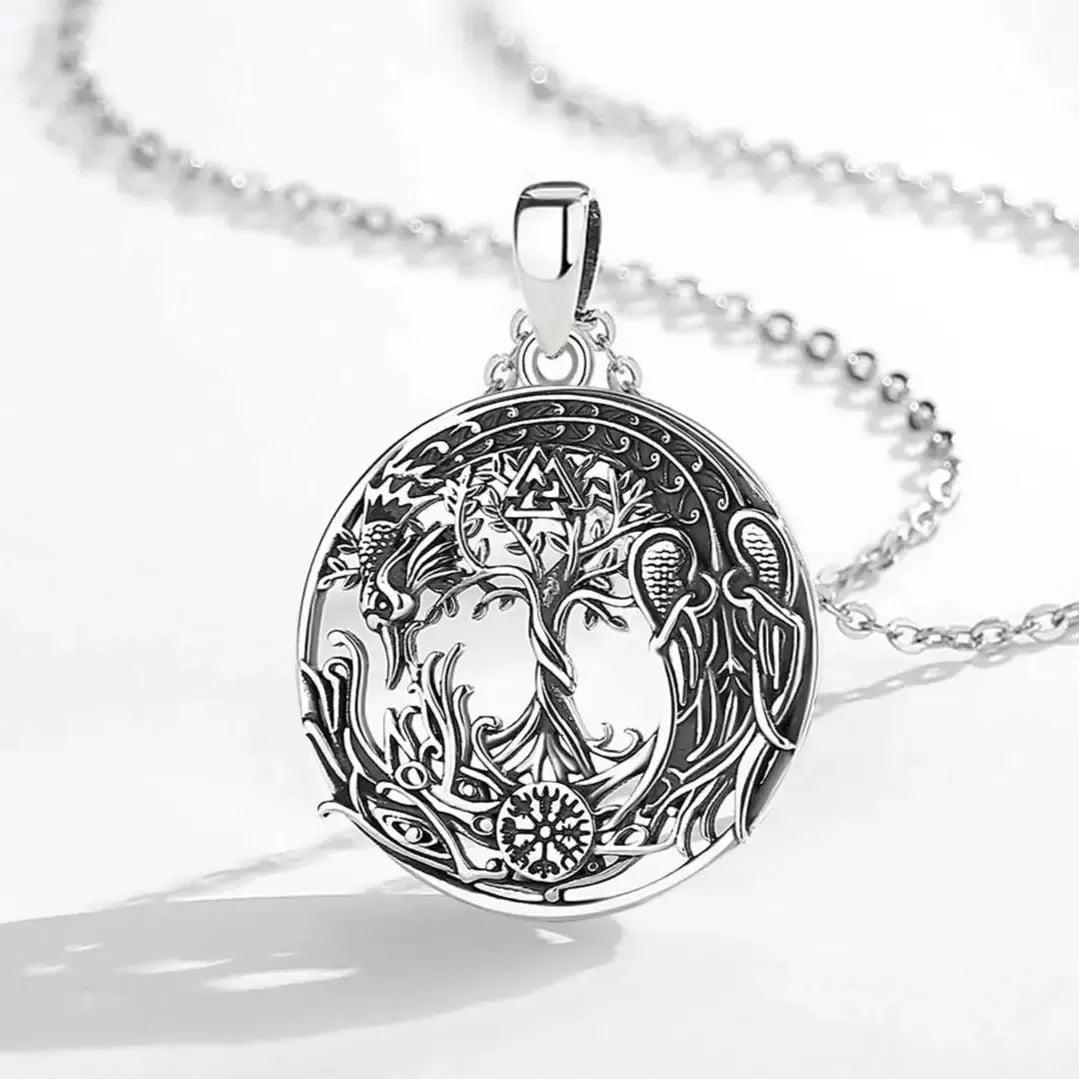 925 Sterling Silver Phoenix Necklace Vintage Compass Tree of Life Pendant Viking Amulet Jewelry-MoonChildWorld