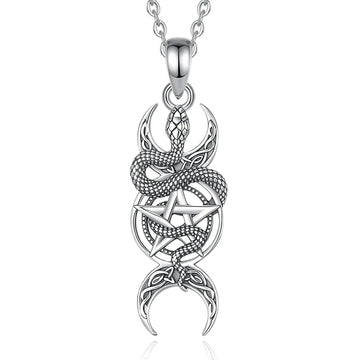 925 Sterling Silver Snake Pentagram Necklace Triple Moon Goddess Pendant Wicca Pagan Jewelry-MoonChildWorld