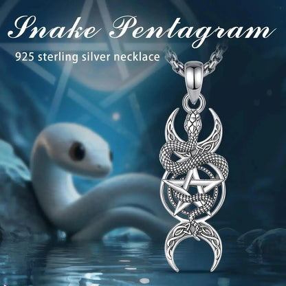925 Sterling Silver Snake Pentagram Necklace Triple Moon Pendant Wicca Pagan Jewelry-MoonChildWorld