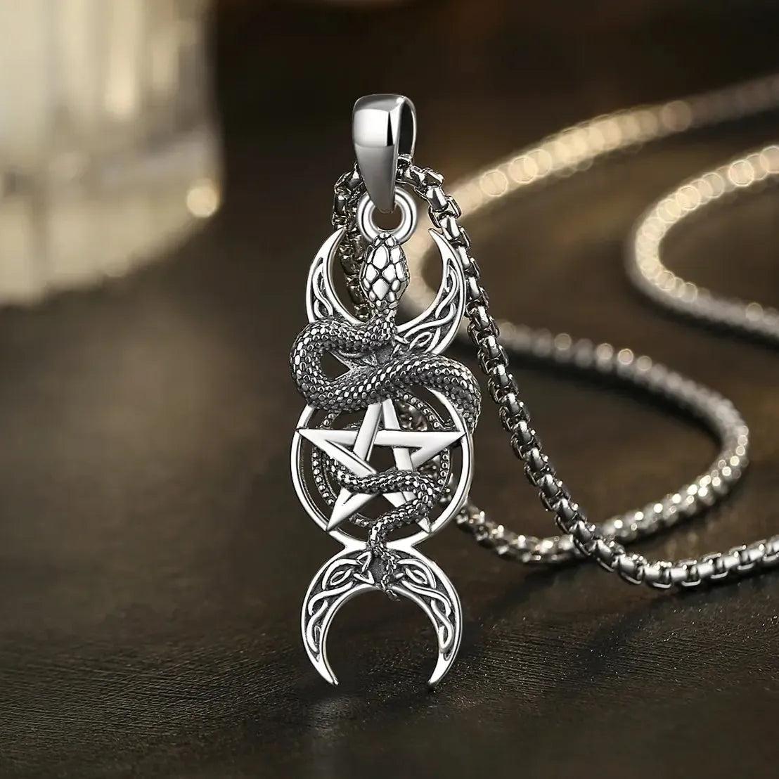 925 Sterling Silver Snake Pentagram Necklace Triple Moon Pendant Wicca Pagan Jewelry-MoonChildWorld
