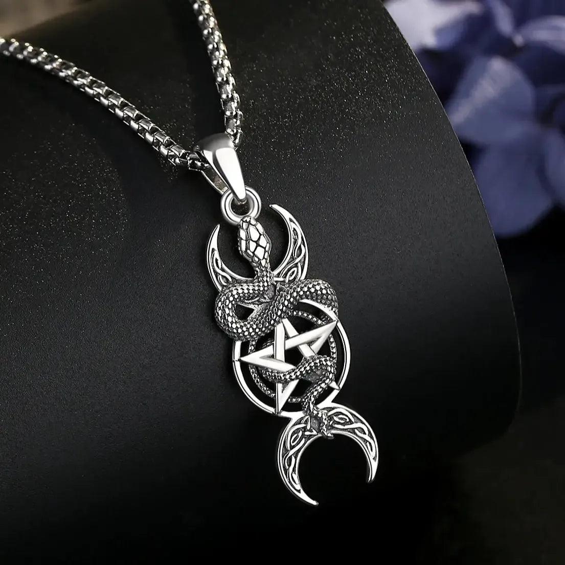 925 Sterling Silver Snake Pentagram Necklace Triple Moon Pendant Wicca Pagan Jewelry-MoonChildWorld