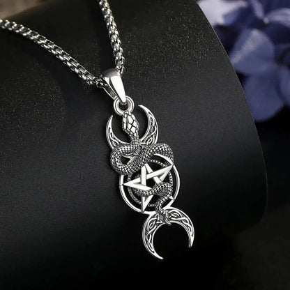 925 Sterling Silver Snake Pentagram Necklace Triple Moon Pendant Wicca Pagan Jewelry-MoonChildWorld