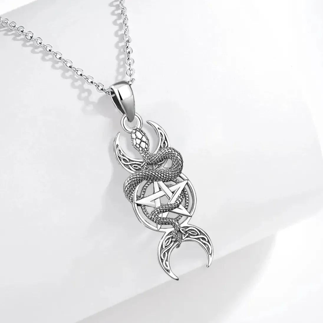 925 Sterling Silver Snake Pentagram Necklace Triple Moon Pendant Wicca Pagan Jewelry-MoonChildWorld