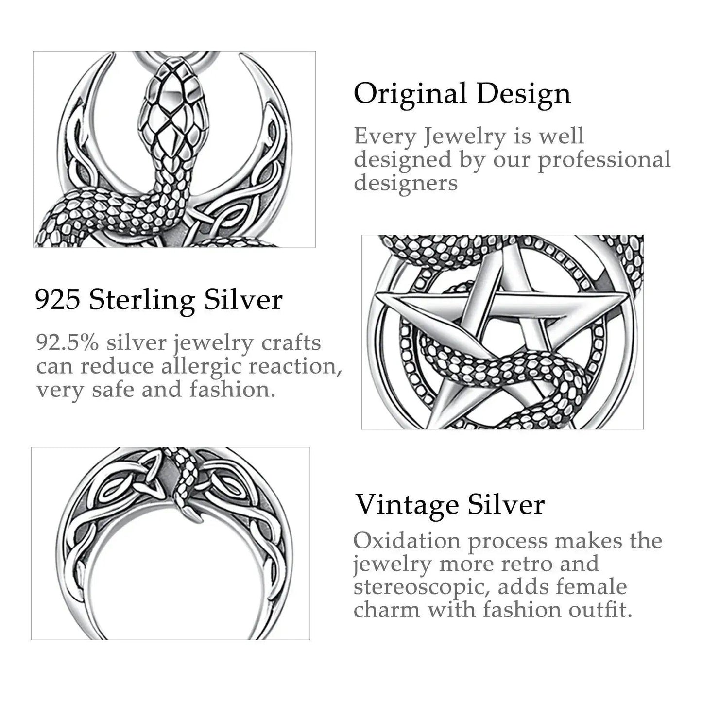 925 Sterling Silver Snake Pentagram Necklace Triple Moon Pendant Wicca Pagan Jewelry-MoonChildWorld