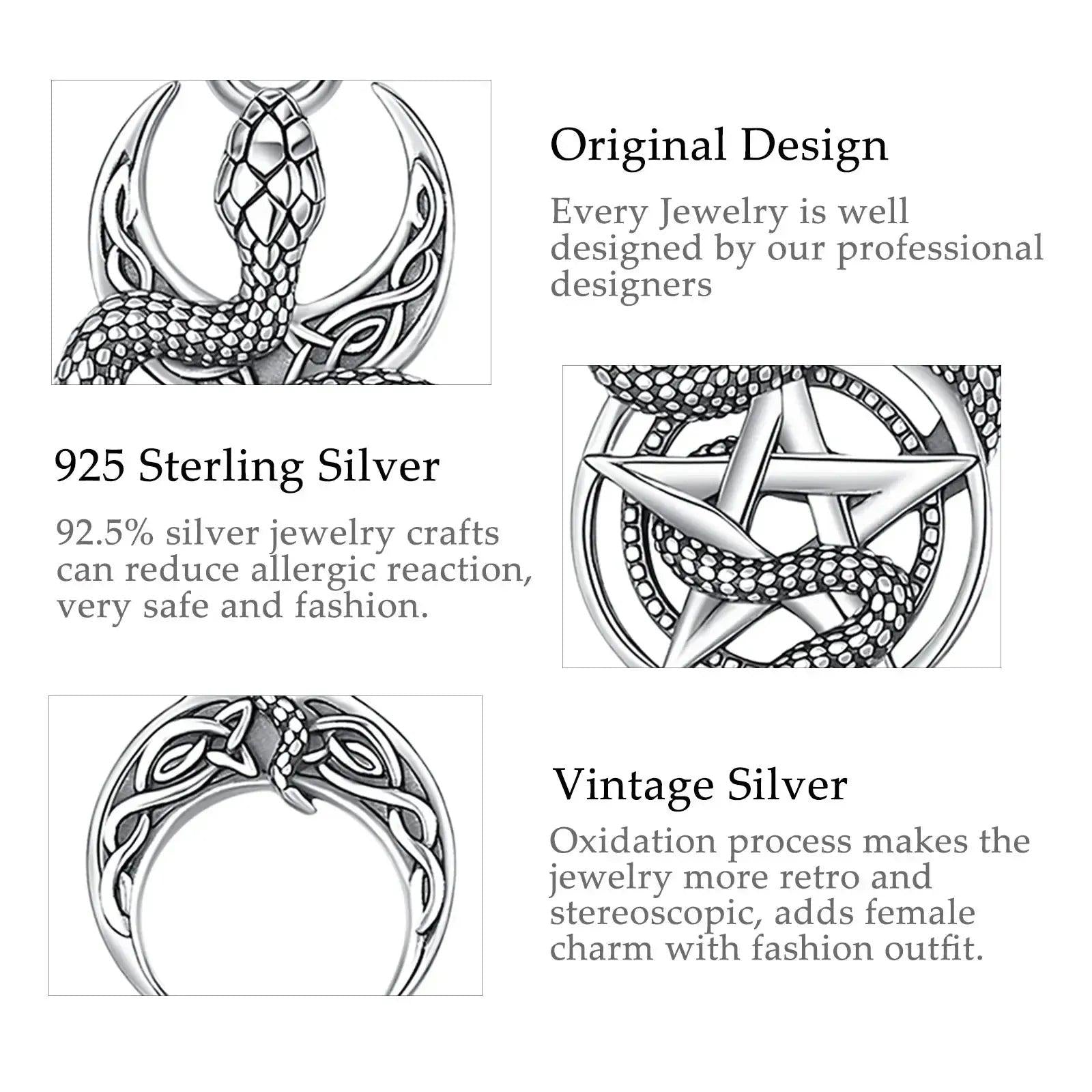 925 Sterling Silver Snake Pentagram Necklace Triple Moon Pendant Wicca Pagan Jewelry-MoonChildWorld