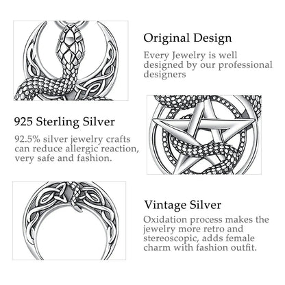 925 Sterling Silver Snake Pentagram Necklace Triple Moon Pendant Wicca Pagan Jewelry-MoonChildWorld