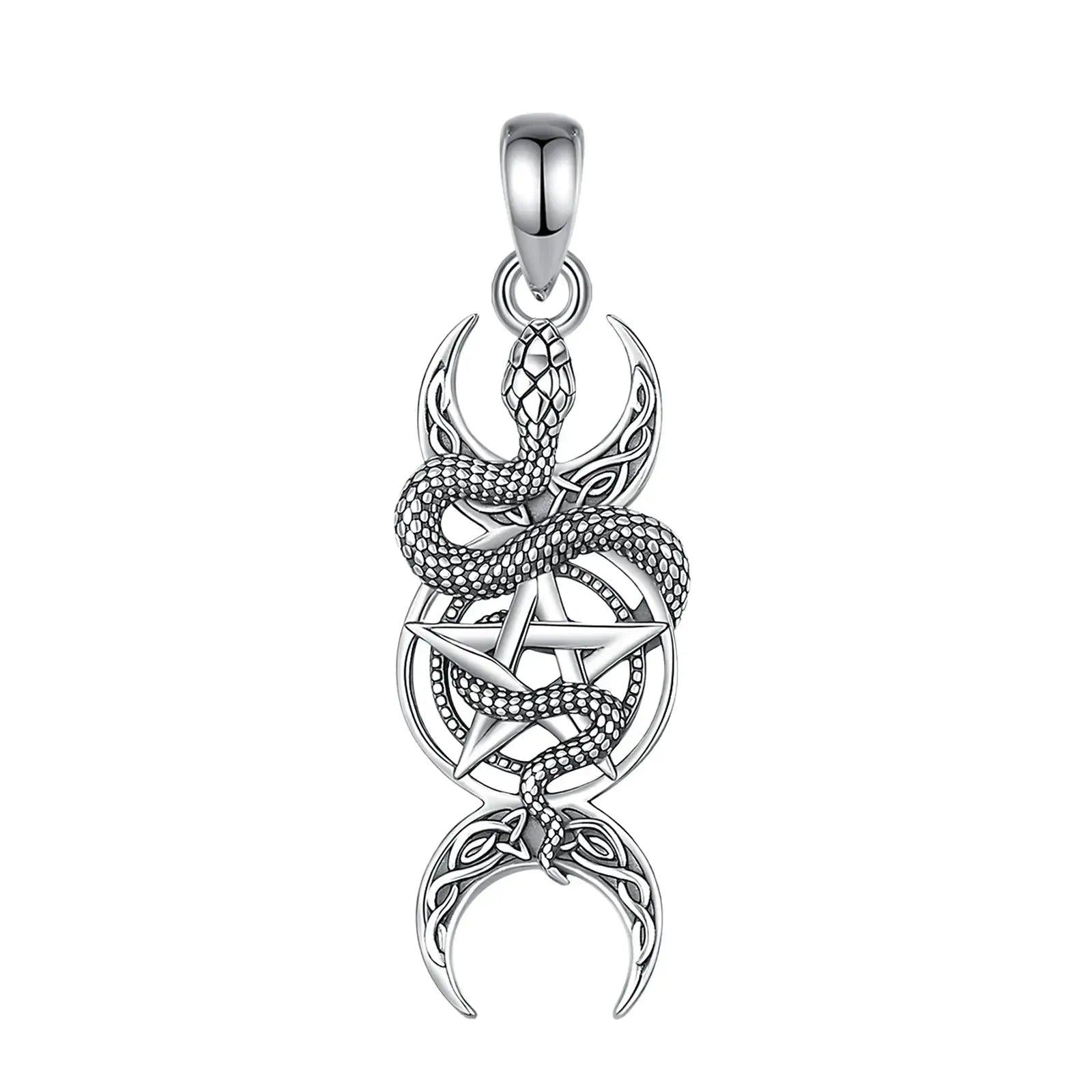 925 Sterling Silver Snake Pentagram Necklace Triple Moon Pendant Wicca Pagan Jewelry-MoonChildWorld