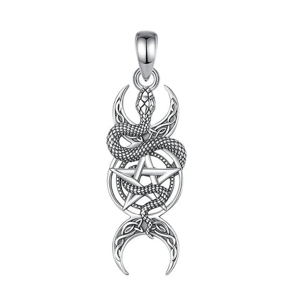 925 Sterling Silver Snake Pentagram Necklace Triple Moon Pendant Wicca Pagan Jewelry-MoonChildWorld