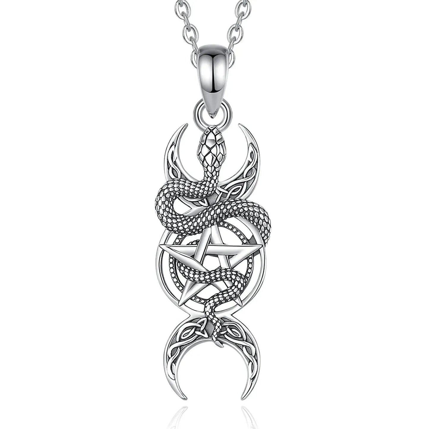 Sterling silver snake pentagram triple moon pendant necklace, Wicca pagan jewelry.