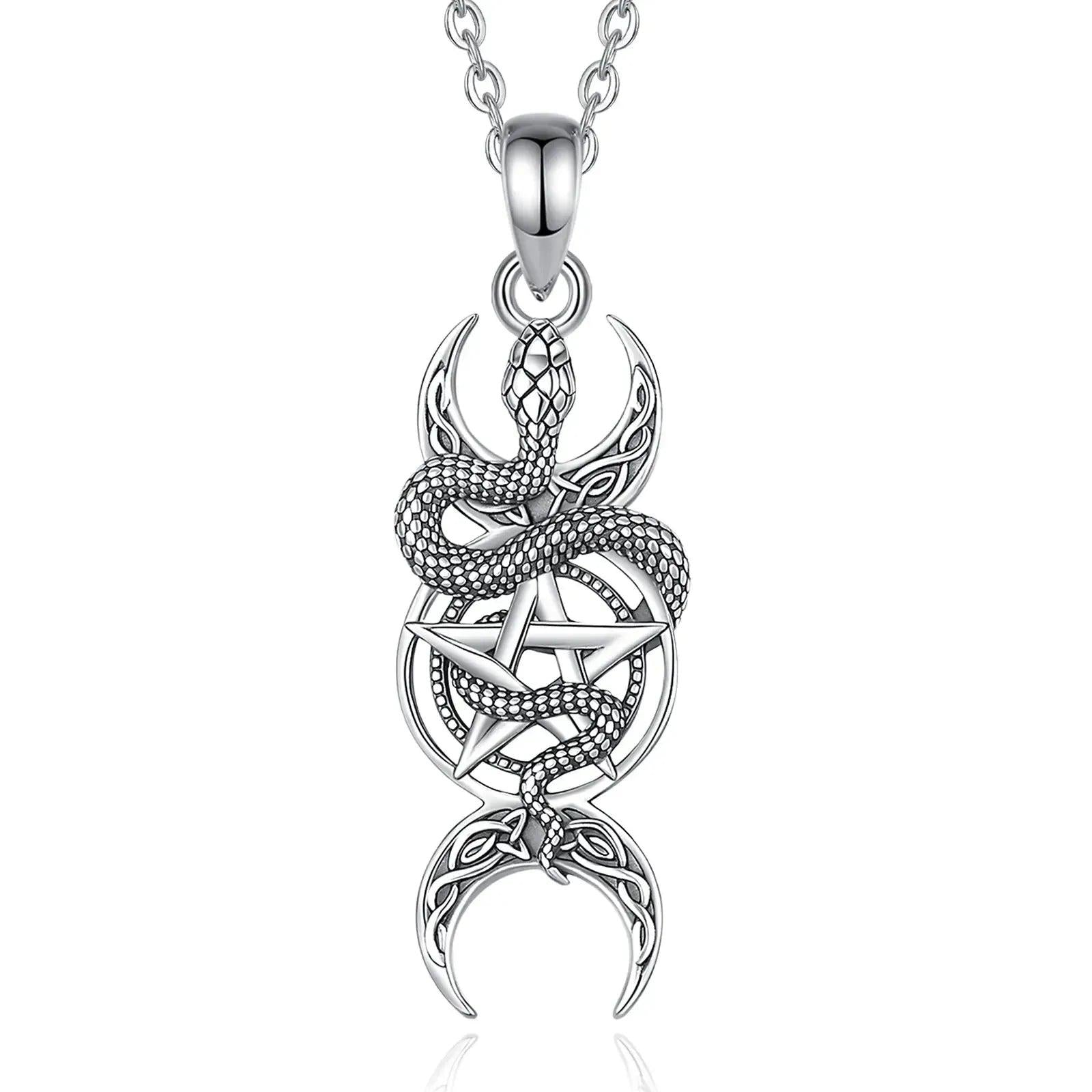 Sterling silver snake pentagram triple moon pendant necklace, Wicca pagan jewelry.