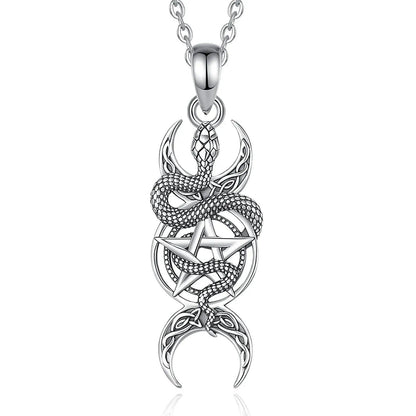 Sterling silver snake pentagram triple moon pendant necklace, Wicca pagan jewelry.