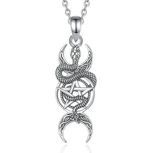 925 Sterling Silver Snake Pentagram Necklace Triple Moon Pendant Wicca Pagan Jewelry-MoonChildWorld