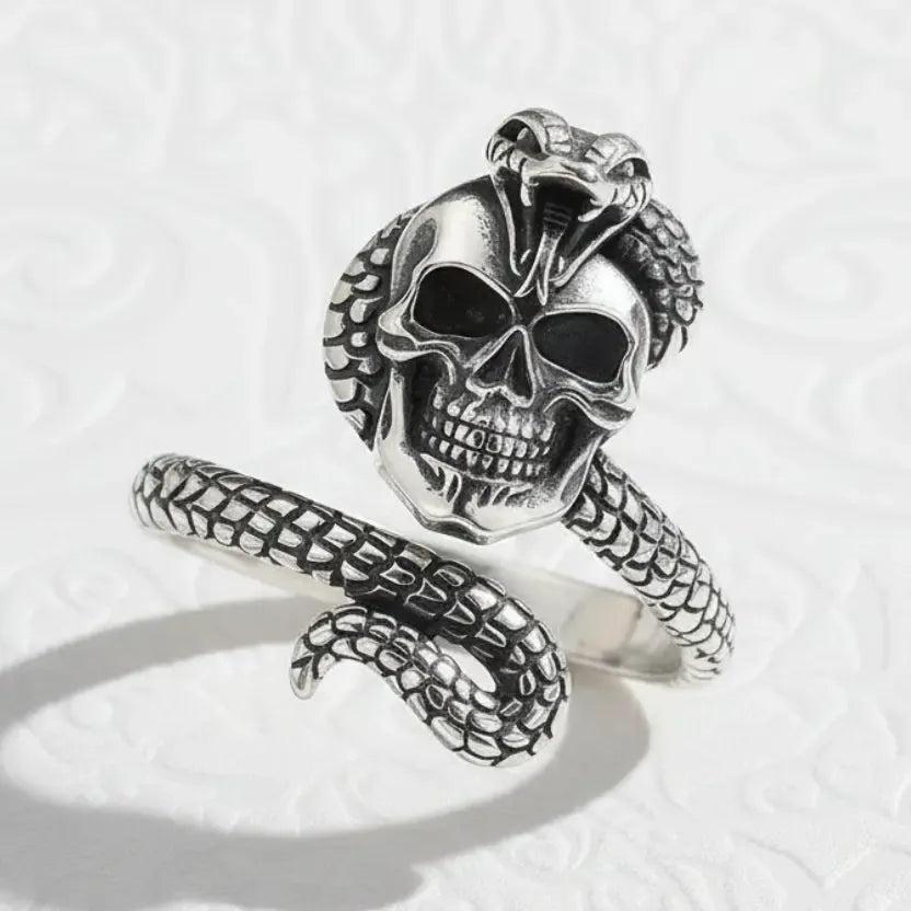 925 Sterling Silver Snake Skull Adjustable Ring Gothic Cobra Ring Pagan Jewelry-MoonChildWorld