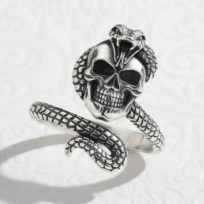 925 Sterling Silver Snake Skull Adjustable Ring Gothic Cobra Ring Pagan Jewelry-MoonChildWorld