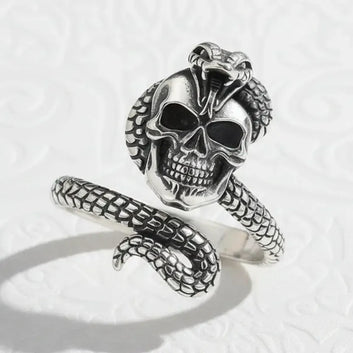 925 Sterling Silver Snake Skull Adjustable Ring Gothic Cobra Ring Pagan Jewelry-MoonChildWorld