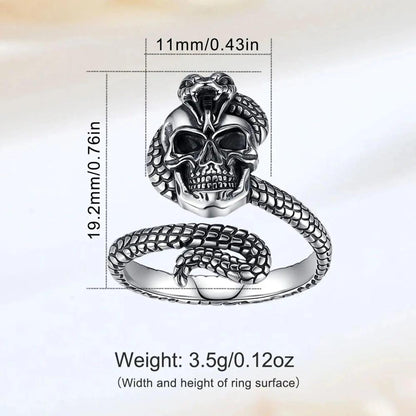 925 Sterling Silver Snake Skull Adjustable Ring Gothic Cobra Ring Pagan Jewelry-MoonChildWorld