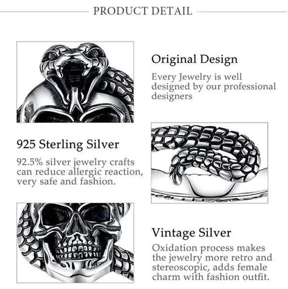 925 Sterling Silver Snake Skull Adjustable Ring Gothic Cobra Ring Pagan Jewelry-MoonChildWorld