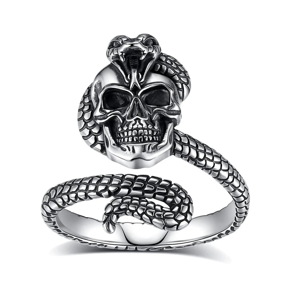 925 Sterling Silver Snake Skull Adjustable Ring Gothic Cobra Ring Pagan Jewelry-MoonChildWorld
