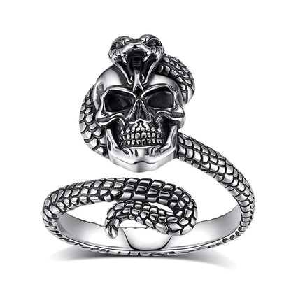 925 Sterling Silver Snake Skull Adjustable Ring Gothic Cobra Ring Pagan Jewelry-MoonChildWorld