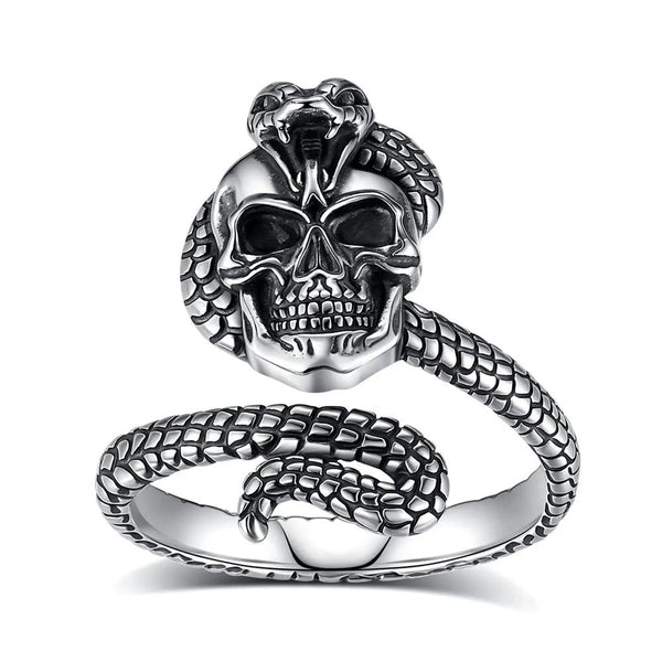 925 Sterling Silver Snake Skull Adjustable Ring Gothic Cobra Ring Pagan Jewelry-MoonChildWorld