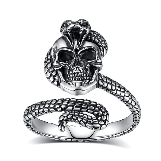 925 Sterling Silver Snake Skull Adjustable Ring Gothic Cobra Ring Pagan Jewelry-MoonChildWorld
