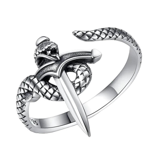 925 Sterling Silver Snake and Sword Adjustable Ring - Gothic Witchy Rings Wicca Jewelry-MoonChildWorld