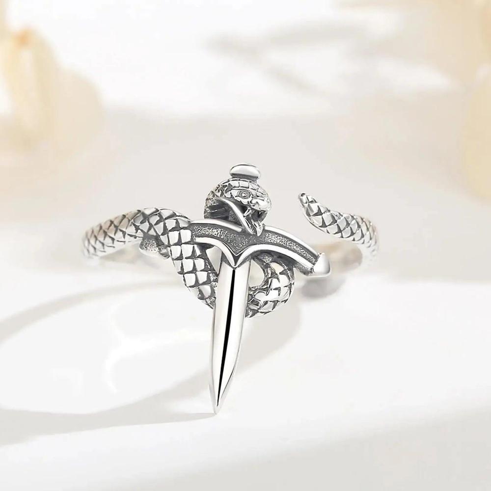 925 Sterling Silver Snake and Sword Adjustable Ring - Gothic Witchy Rings Wicca Jewelry-MoonChildWorld