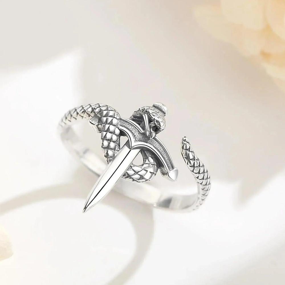 925 Sterling Silver Snake and Sword Adjustable Ring - Gothic Witchy Rings Wicca Jewelry-MoonChildWorld