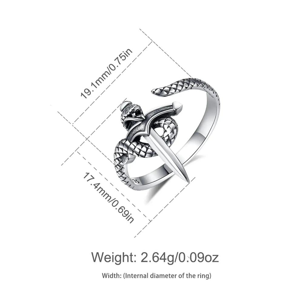 925 Sterling Silver Snake and Sword Adjustable Ring - Gothic Witchy Rings Wicca Jewelry-MoonChildWorld